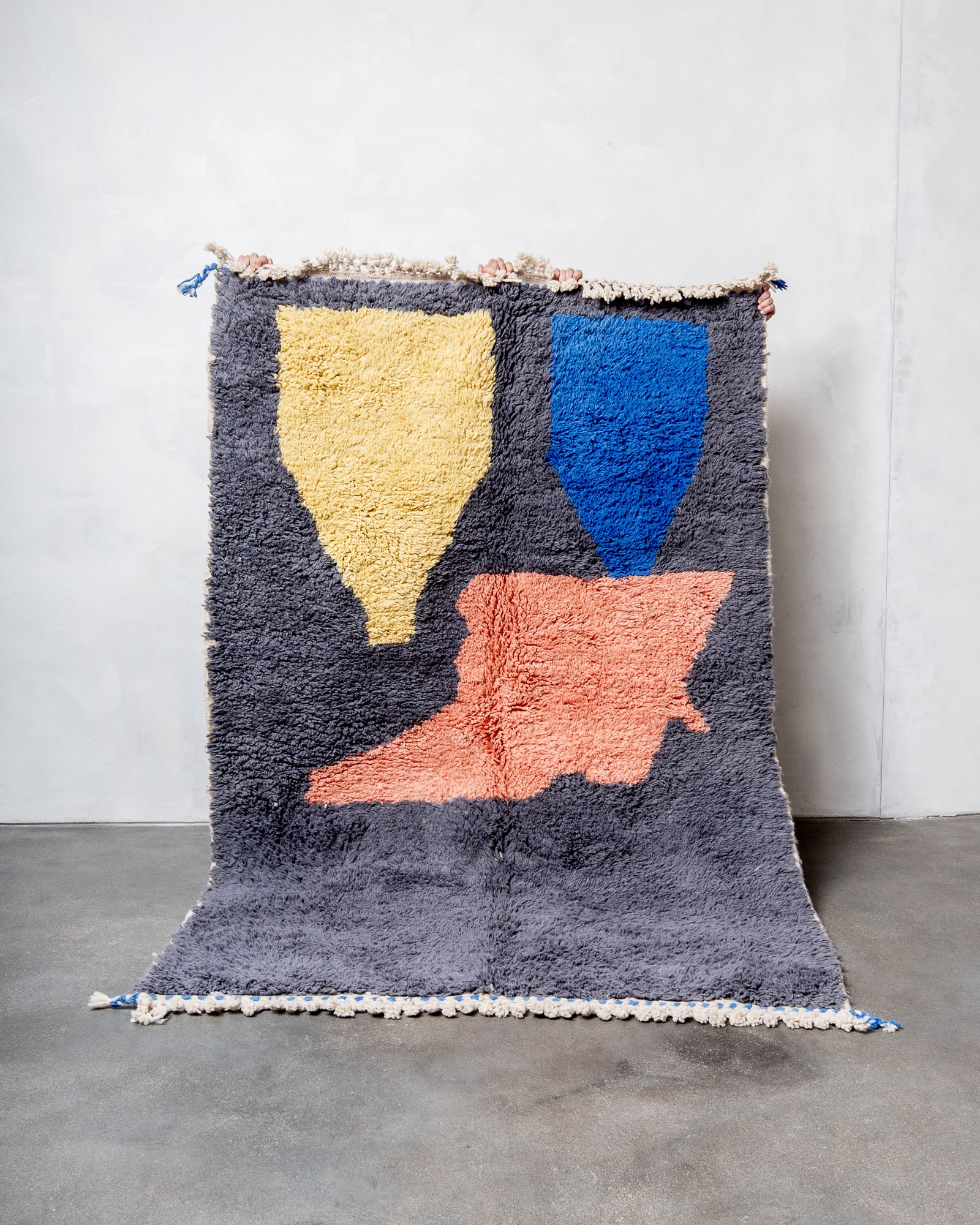 Modern, designer, handcrafted Berber rug from Morocco. Beniourain carpet with beautiful colours and patterns and fluffy wool texture.